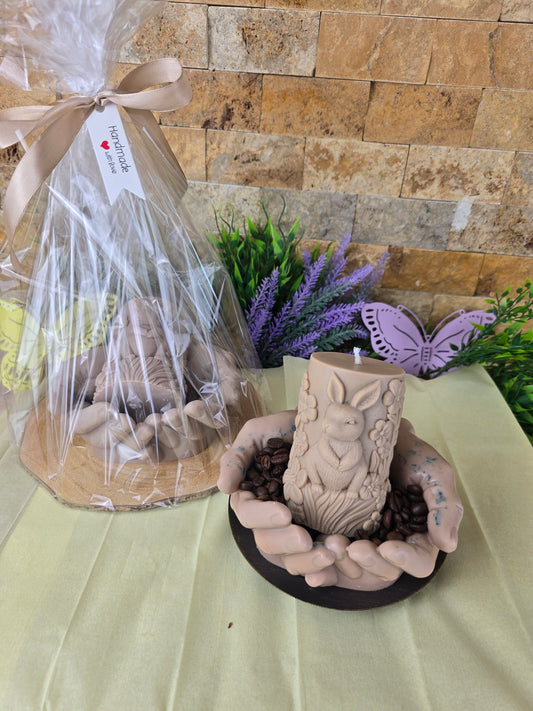 Set decorativ handmade „Mângâierea Primăverii” – Iepuraș și mâini din ceară