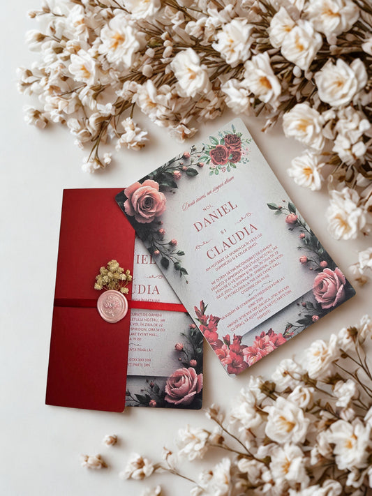 Invitație Nuntă Roșie Eleganta