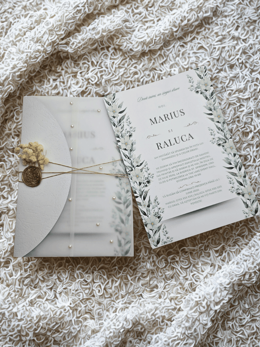 Invitație Albă cu Perle